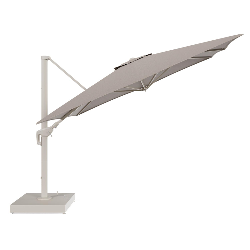 Minore zweefparasol met tiltfunctie in beige aluminium en Firenze Earth All Weather Solica parasoldoek - L1 350 x L2 350 cm met parasolvoet Minore 260 kg met wielen