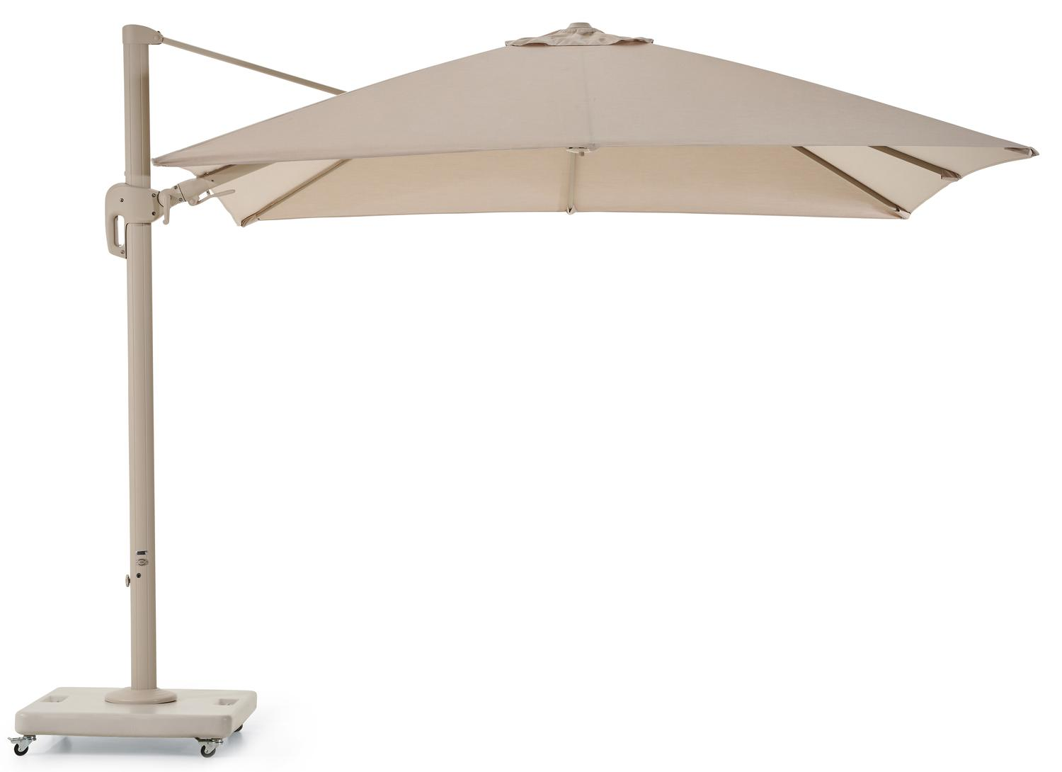 Rufina zweefparasol met tiltfunctie in beige aluminium en beige Sunbrella® Premium parasoldoek - L1 300 x L2 300 cm met Lapido parasolvoet 120 kg
