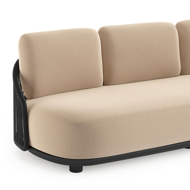 Canapé de jardin Vadelo en aluminium noir et corde ronde tissée verticalement noir et coussins en all weather sunbrella® luxe natte heather beige