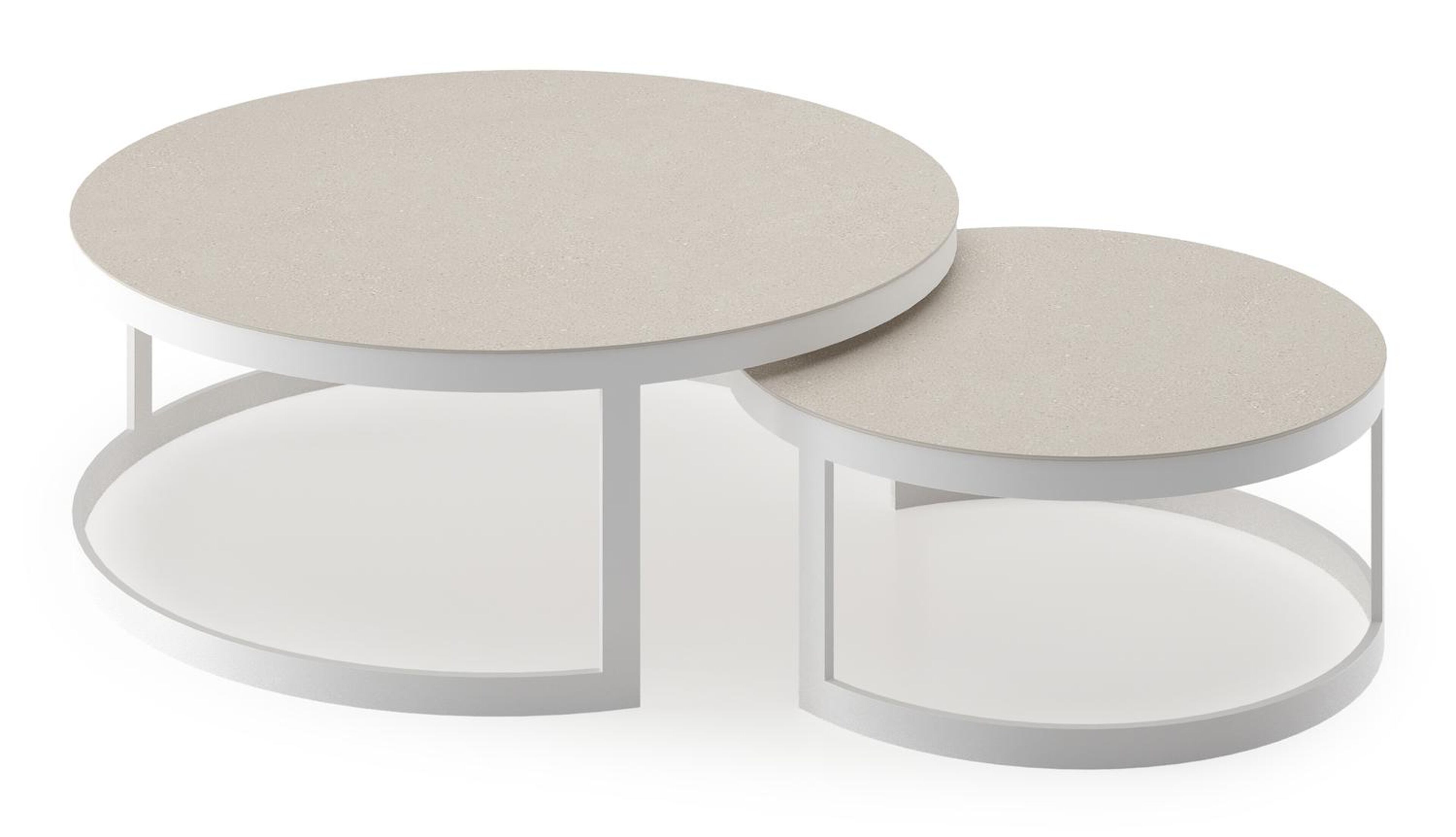 Ensemble de 2 tables de basse Enna en aluminium blanc et céramique pleine beige - Diam. 100/70 x Haut. 37/30 cm