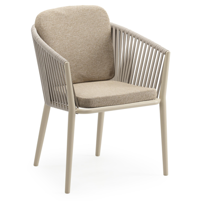 Chaise de jardin Orso en aluminium beige et corde plate tissée verticalement beige avec coussin luxe en All Weather Cosytica Madagascar Oak