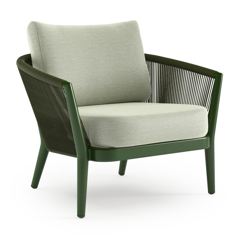 Orso loungestoel in groen aluminium en groen verticaal geweven ronde rope met Slow Spirea all weather sunbrella® luxe kussen