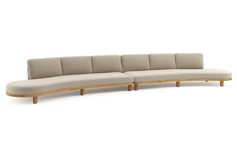 Donato loungebank in teak en beige verticaal geweven ronde rope met all weather cosytica Marbella Beige kussen