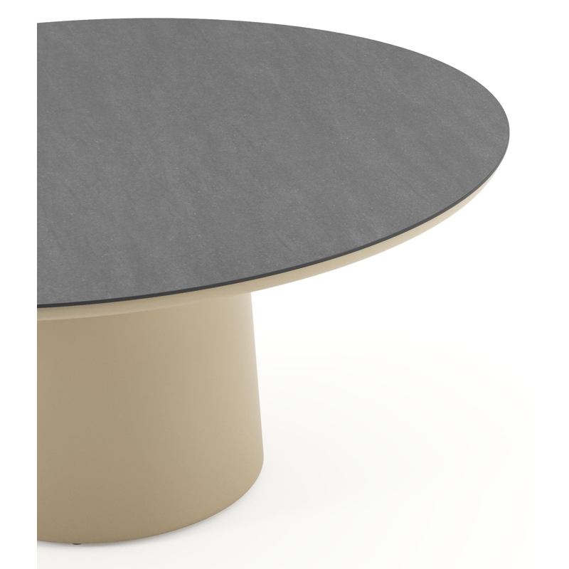 Amico low dining tuintafel rond in beige aluminium en volkeramiek Basalt Black - Dia. 148 x H 61 cm