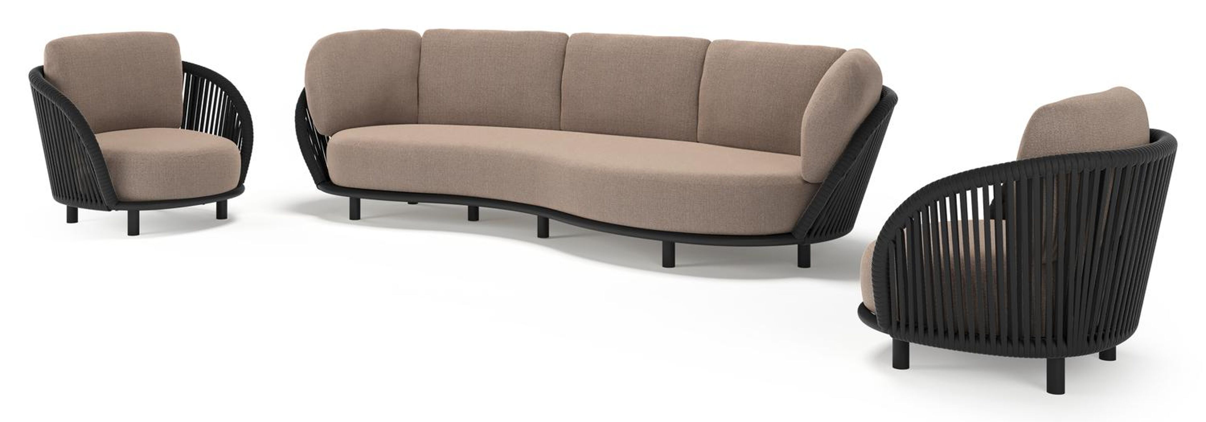 Lupino loungeset in zwart aluminium en zwart verticaal geweven luxe vlakke brede rope met savane earth all weather sunbrella® luxe kussen