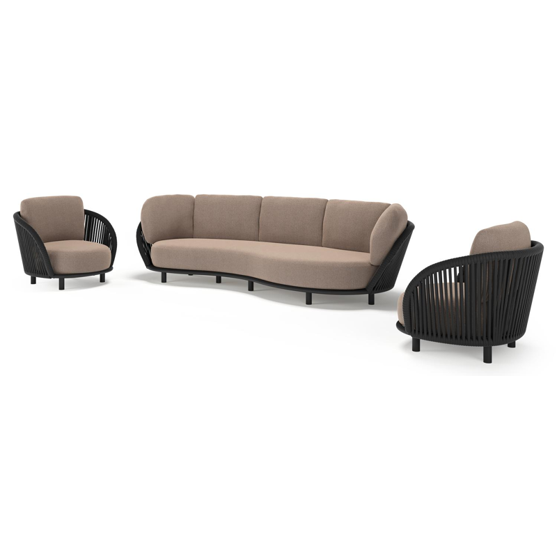 Lupino loungeset in zwart aluminium en zwart verticaal geweven luxe vlakke brede rope met savane earth all weather sunbrella® luxe kussen