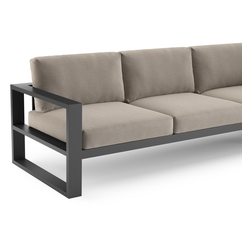 Salon de jardin d'angle Verato en aluminium noir et coussins en all weather sunbrella® luxe savane coconut