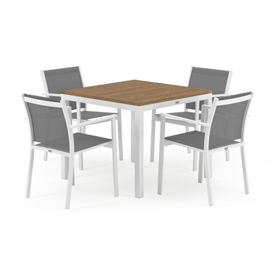 Ensemble de jardin Feltro en aluminium blanc avec plateau de table en teck naturel et 4 chaises de jardin empilables Bareto