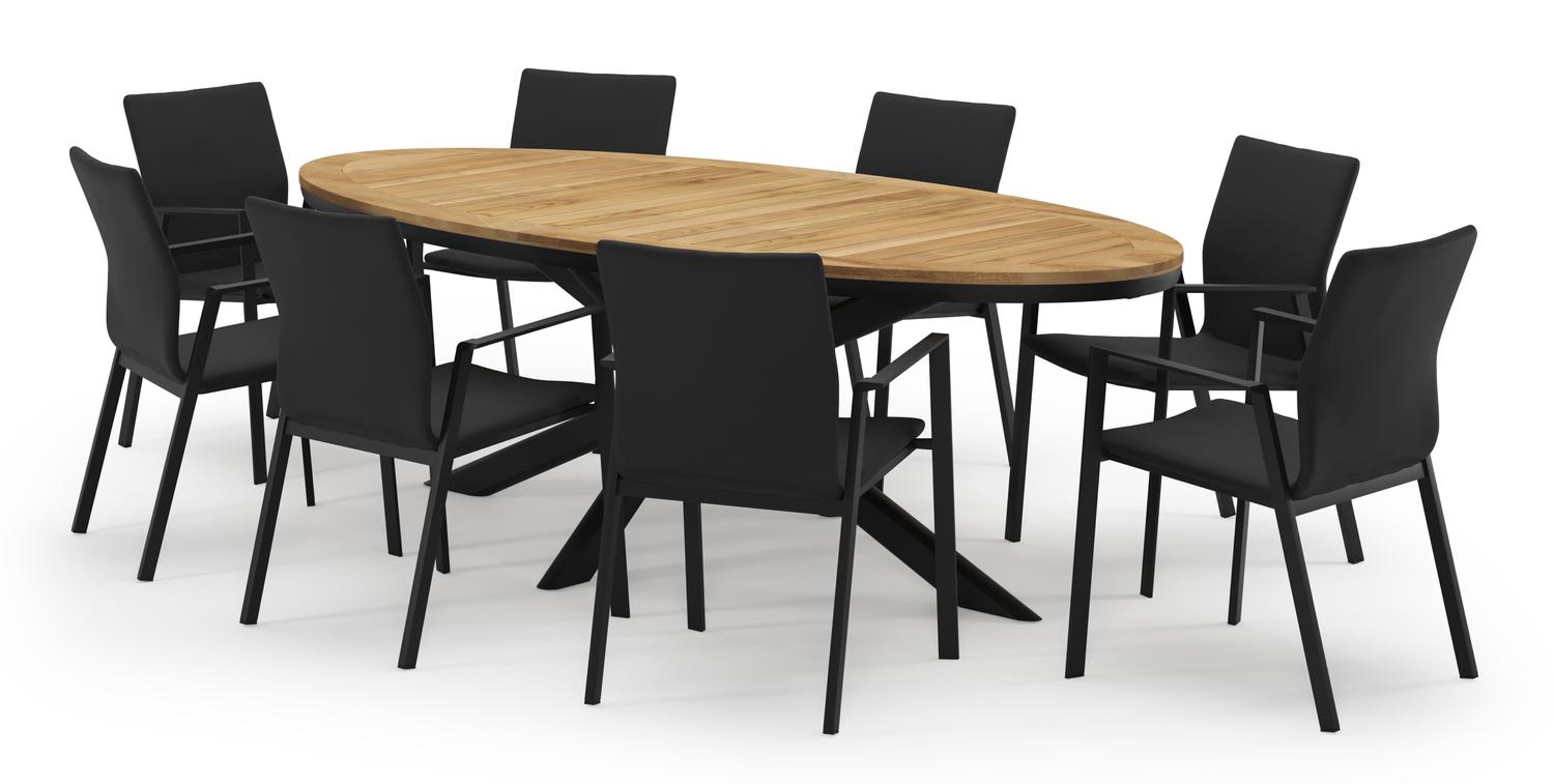 Pamplona ovale tuinset in zwart aluminium en teak natural finish met 8 Madura tuinstoelen