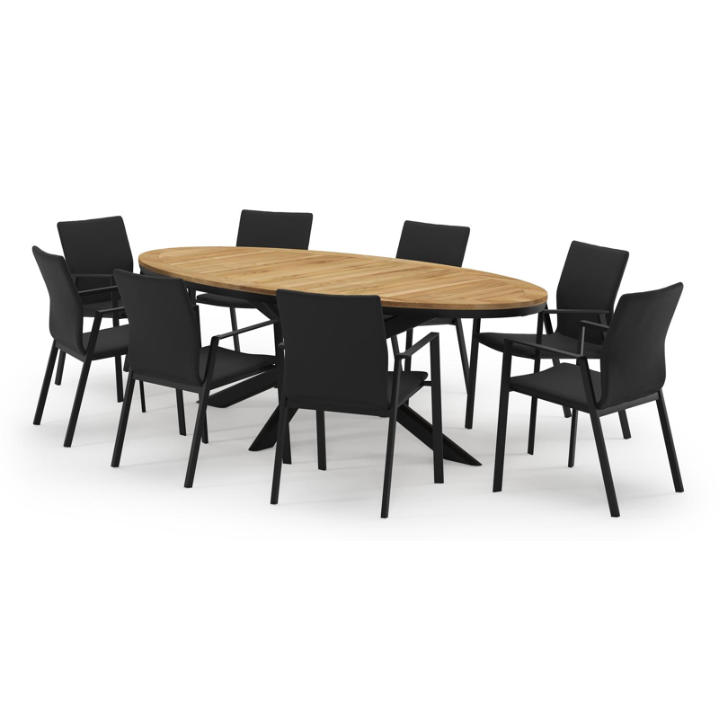 Pamplona ovale tuinset in zwart aluminium en teak natural finish met 8 Madura tuinstoelen