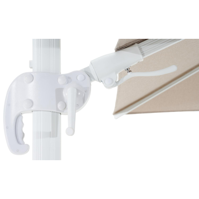 Avola zweefparasol met tiltfunctie in wit aluminium en natural Weather+ Softtouch parasoldoek - L1 300 x L2 300 cm met Pedito parasolvoet 120 kg