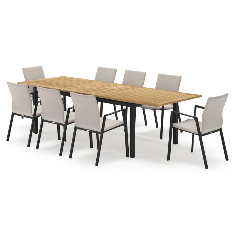 Amalfi rechthoekige uitschuifbare tuinset in zwart aluminium en teak naturel met 8 Madura tuinstoelen