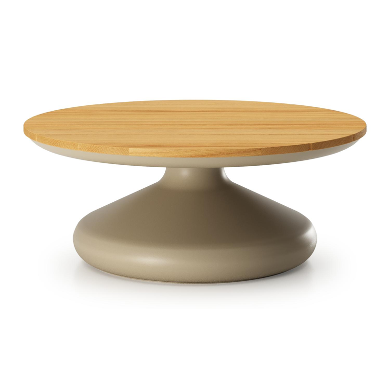 Bomero loungetafel rond in beige aluminium en teak - Dia. 84 x H 32 cm