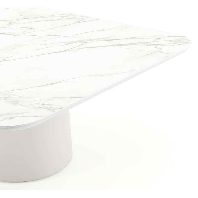 Amico low dining tuintafel afgerond vierkant in wit aluminium en volkeramiek Calacatta - L 148 x B 148 x H 61 cm