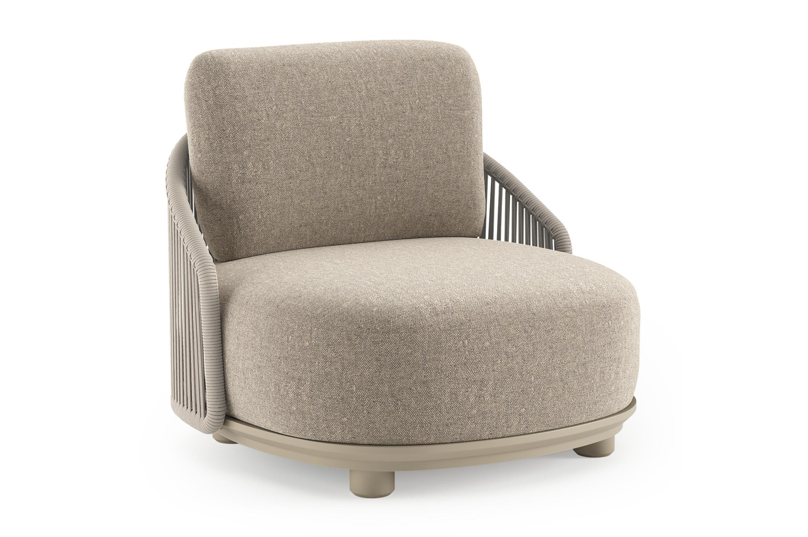 Vadelo loungestoel in beige aluminium en beige verticaal geweven ronde rope met chartres pewter all weather sunbrella® luxe kussen