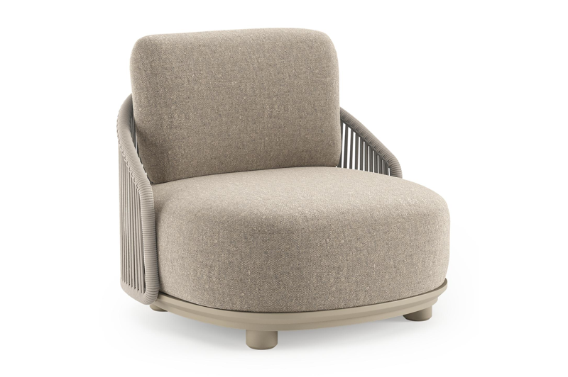 Vadelo loungestoel in beige aluminium en beige verticaal geweven ronde rope met chartres pewter all weather sunbrella® luxe kussen