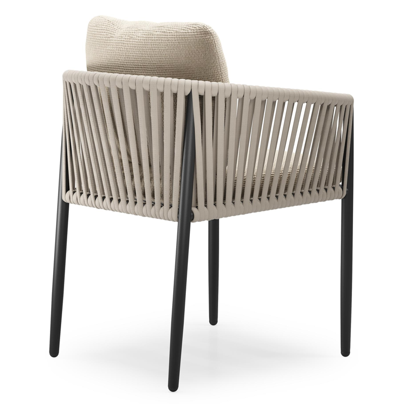 Organo tuinstoel in zwart aluminium en beige verticaal geweven luxe vlakke rope met zitkussen in All Weather Cosytica Althea Chalk