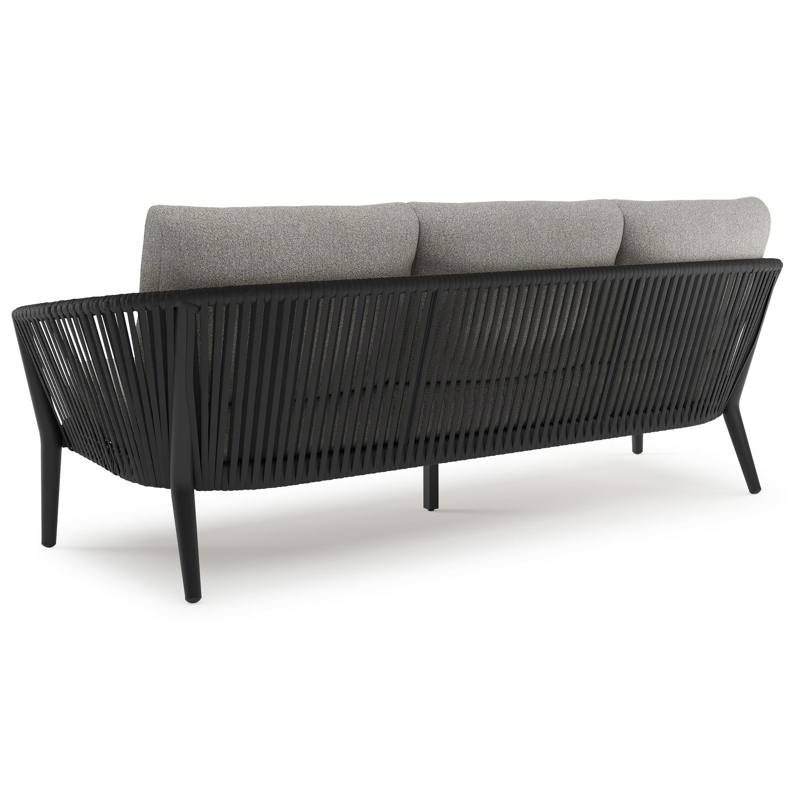 Orso loungebank in zwart aluminium en zwart verticaal geweven ronde rope met Tundra Charcoal all weather sunbrella® luxe kussen