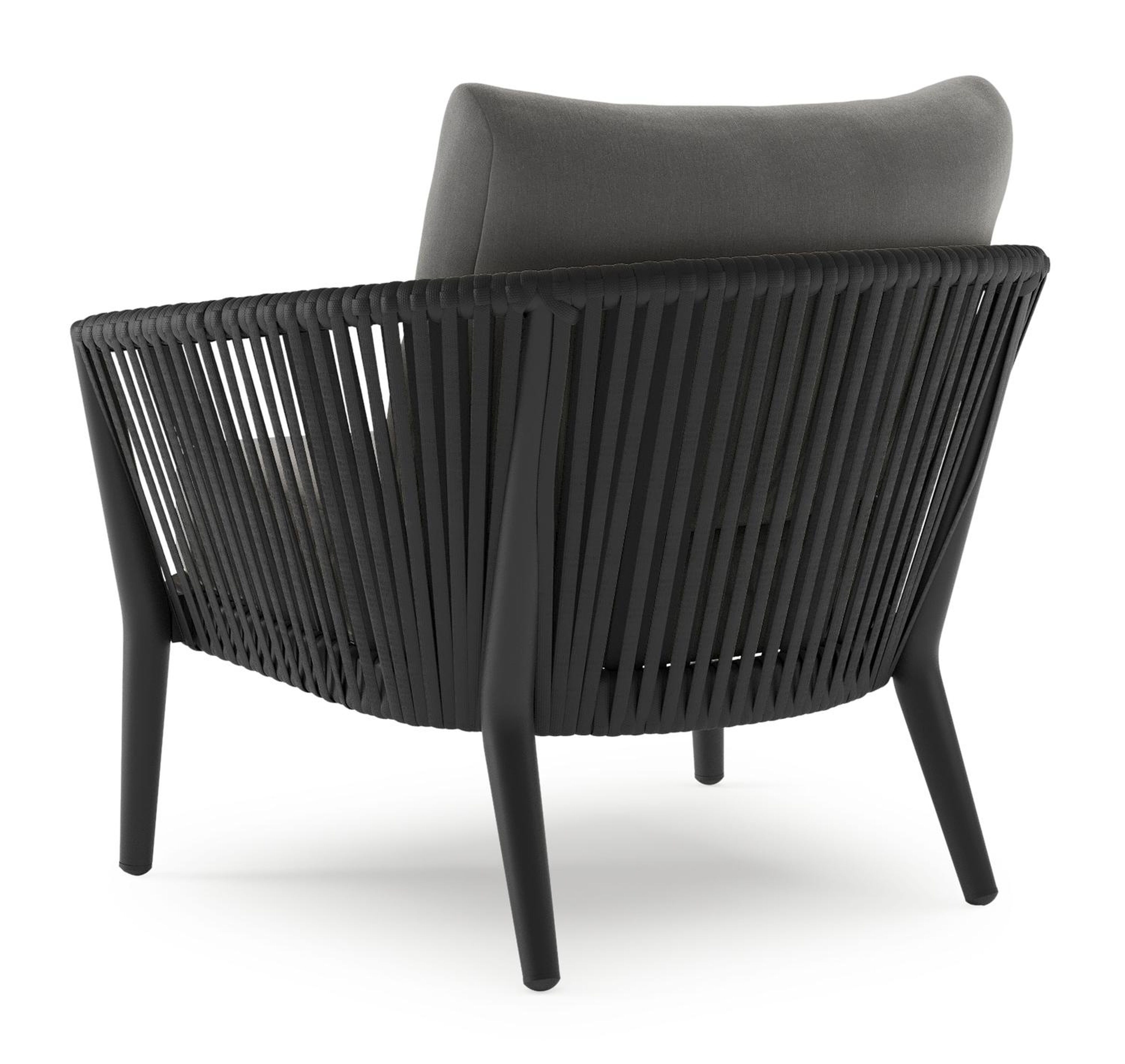 Orso loungestoel 1-zit in zwart aluminium en zwart verticaal geweven luxe vlakke rope met natte charcoal chine all weather sunbrella® luxe kussen