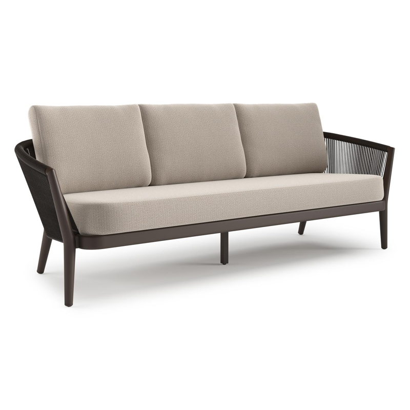 Canapé de jardin Orso en aluminium brun foncé en corde ronde tissée verticalement brun foncé et coussins en all weather sunbrella® luxe Lopi Fossil