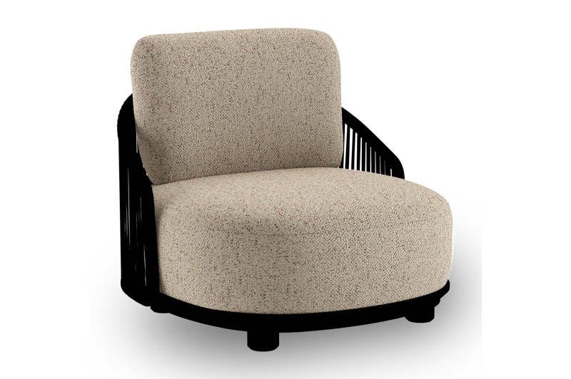 Vadelo loungestoel in zwart aluminium en zwart verticaal geweven ronde rope met bora jungle all weather cosytica kussen