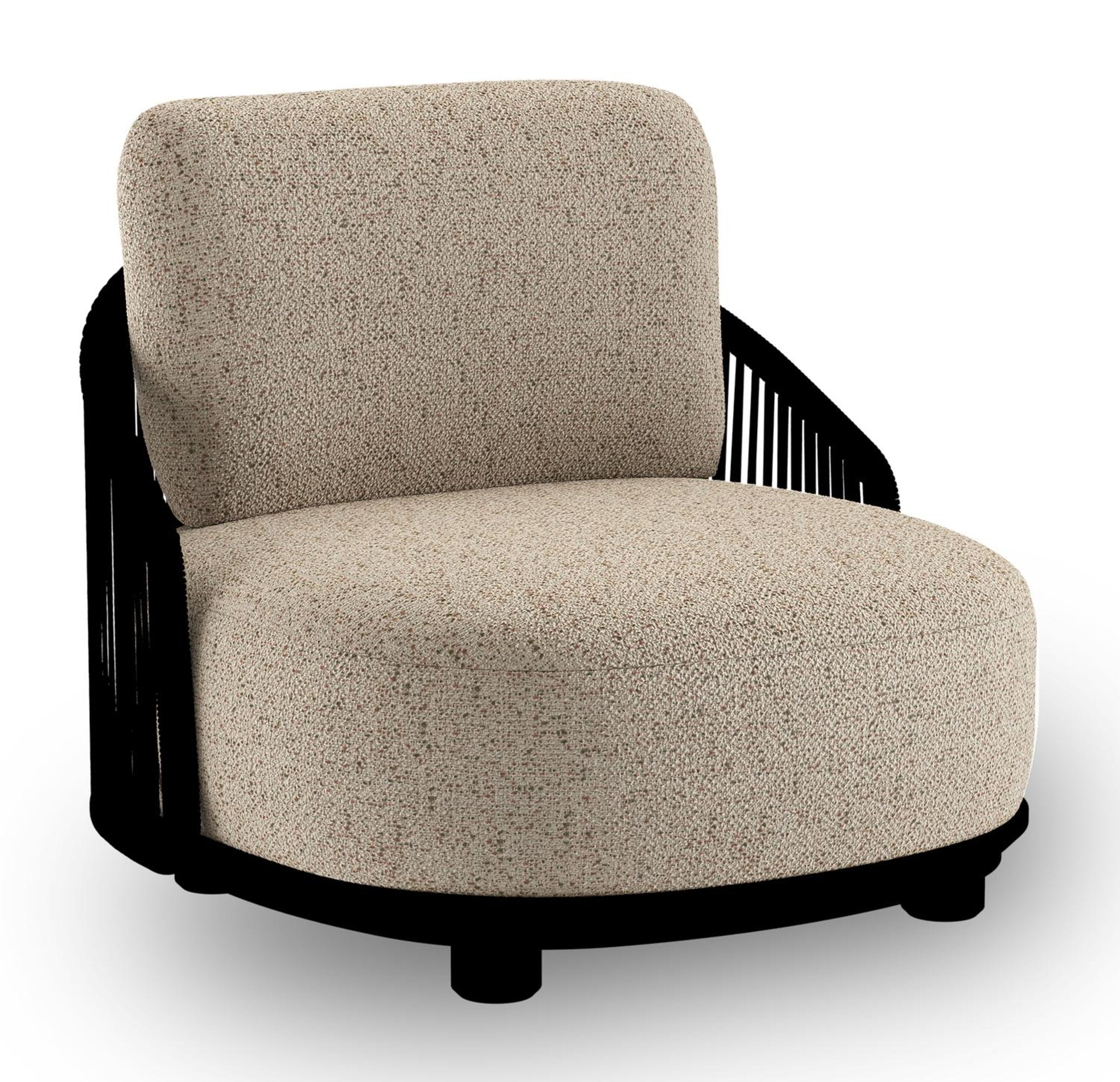 Vadelo loungestoel in zwart aluminium en zwart verticaal geweven ronde rope met bora jungle all weather cosytica kussen