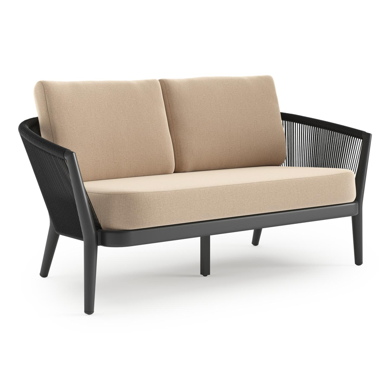 Orso loungebank in zwart aluminium en zwart verticaal geweven ronde rope met Natte Heather Beige all weather sunbrella® luxe kussen