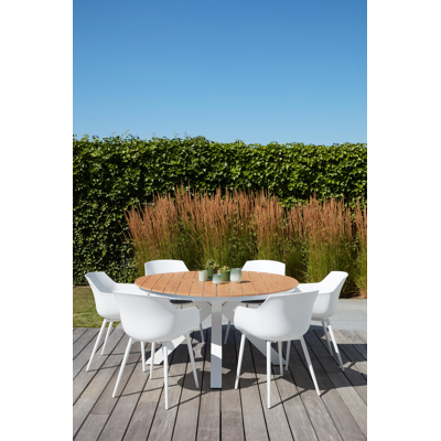Tora tuinset in wit aluminium en naturel polywood tafelblad met 6 Paco tuinstoelen