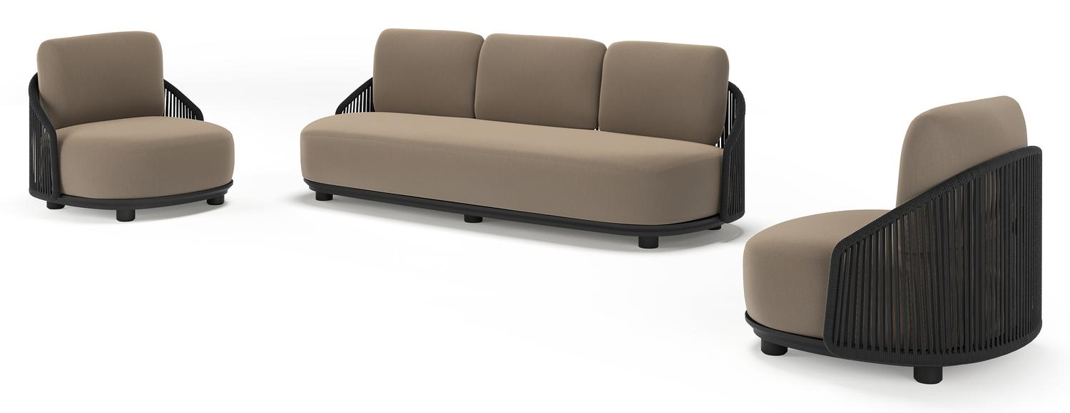 Vadelo loungeset in zwart aluminium en zwart verticaal geweven ronde rope met natte heather grey all weather sunbrella® luxe kussen