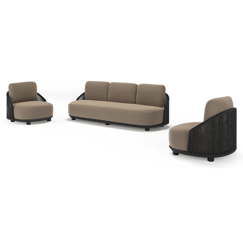 Salon de jardin Vadelo en aluminium noir et corde ronde tissée verticalement noir et coussins en all weather sunbrella® luxe natte heather grey