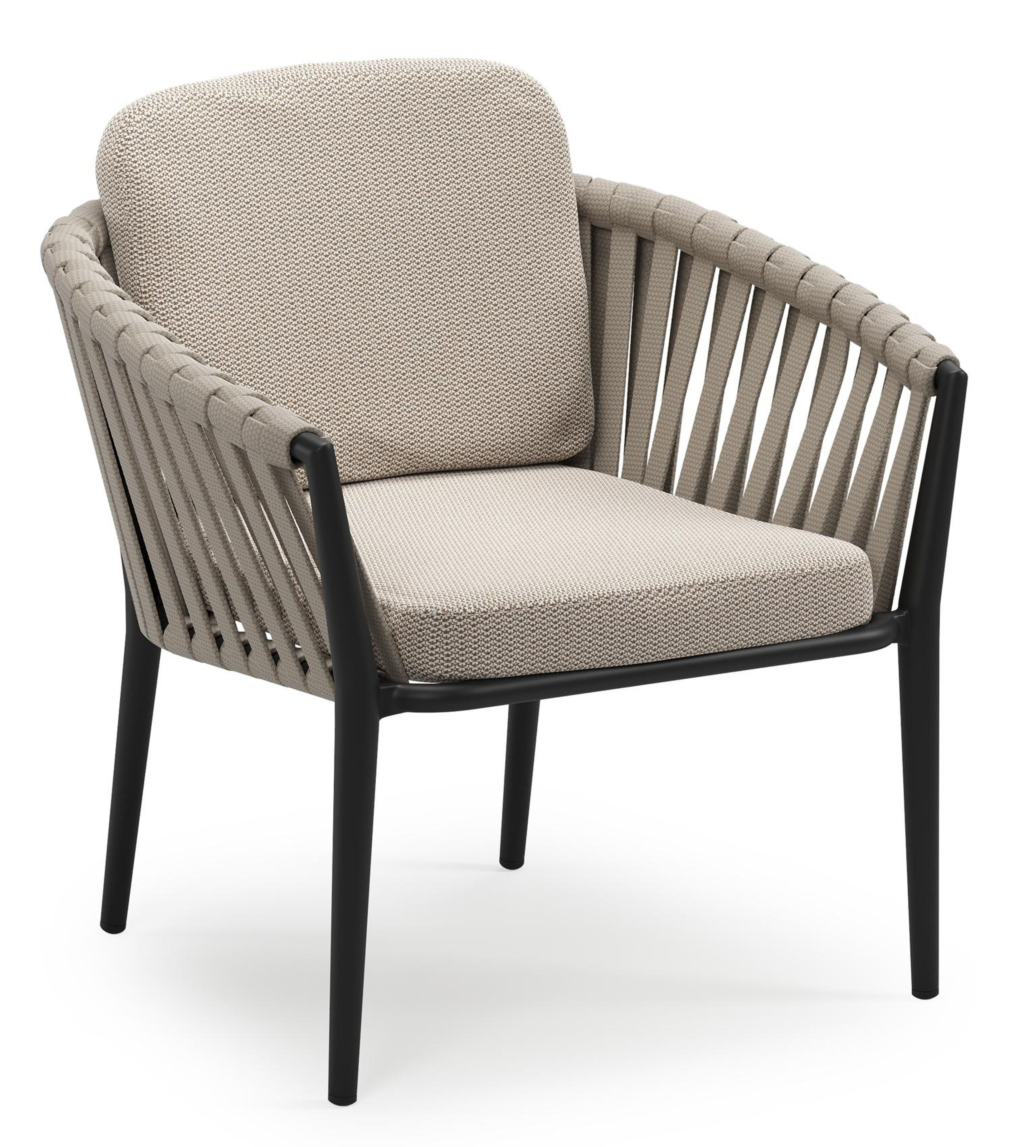 Orso low dining tuinstoel in zwart aluminium en beige verticaal geweven luxe vlakke brede rope met stoelkussen in All Weather Sunbrella® Luxe Lopi Fossil