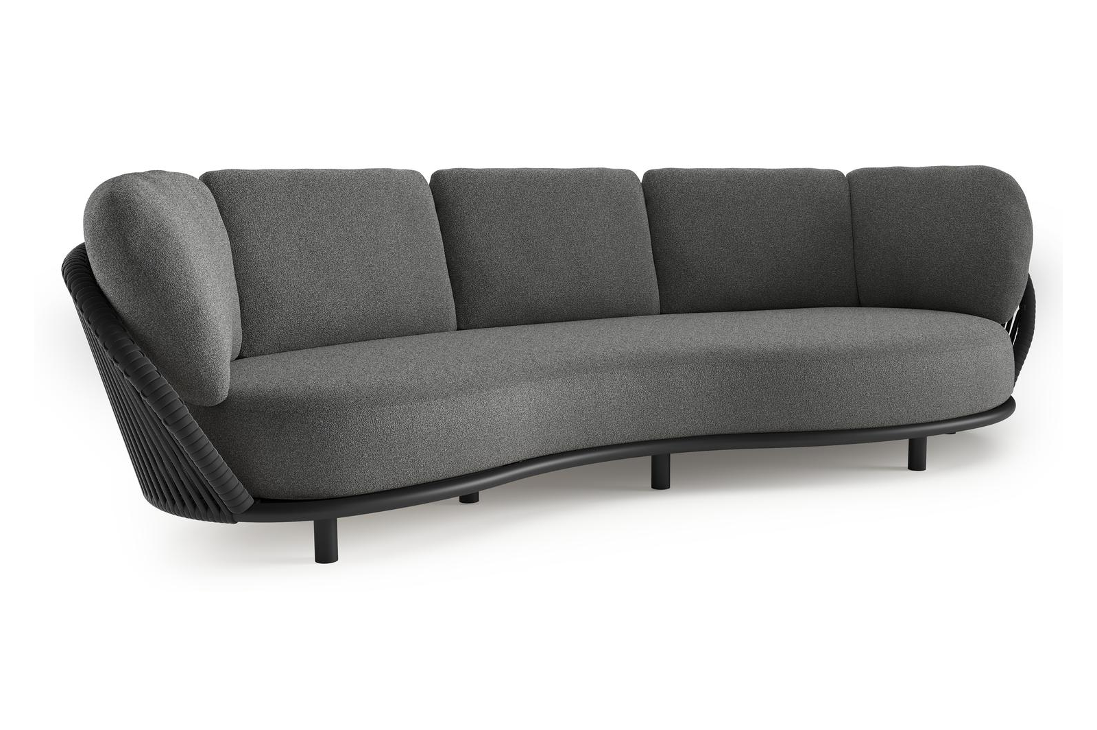 Lupino loungebank in zwart aluminium en zwart verticaal geweven luxe vlakke brede rope met catania black all weather cosytica kussen