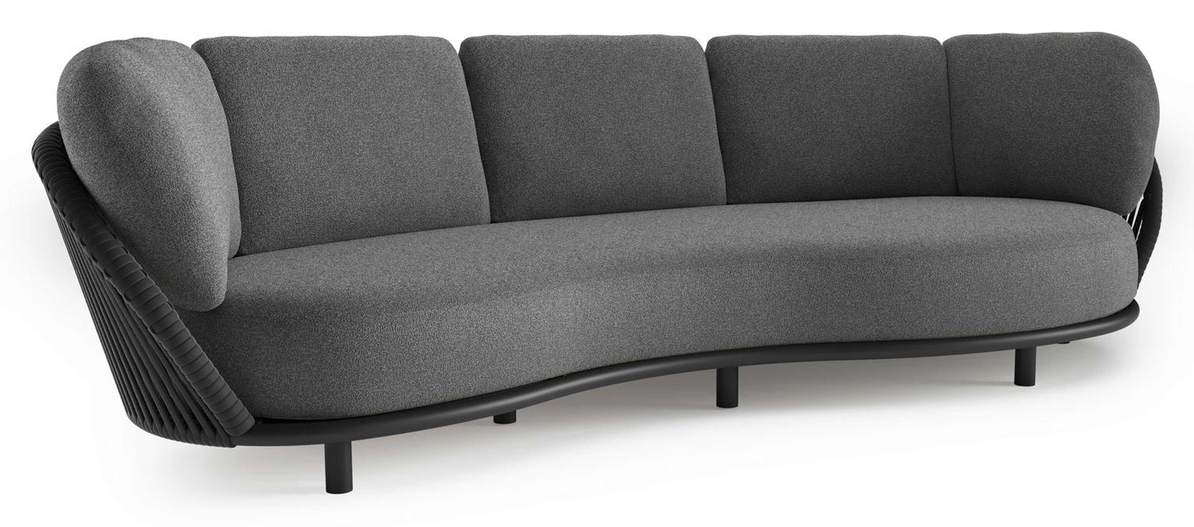 Canapé de jardin Lupino en aluminium noir et corde large plate de luxe tissée verticalement noir et coussins en all weather cosytica catania black