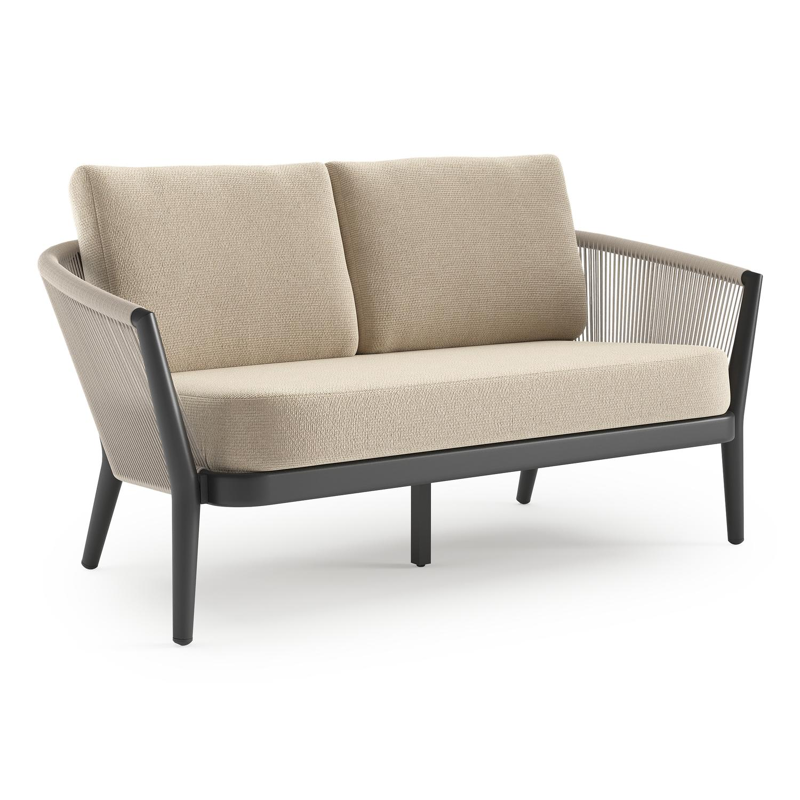 Orso loungebank in zwart aluminium en beige verticaal geweven ronde rope met Althea Chalk all weather cosytica kussen