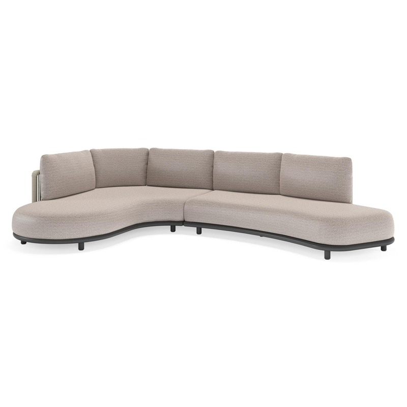 Salon de jardin d'angle Lomano en aluminium noir et corde luxe plate tissée verticalement beige et coussins en all weather sunbrella® luxe Wander Granite