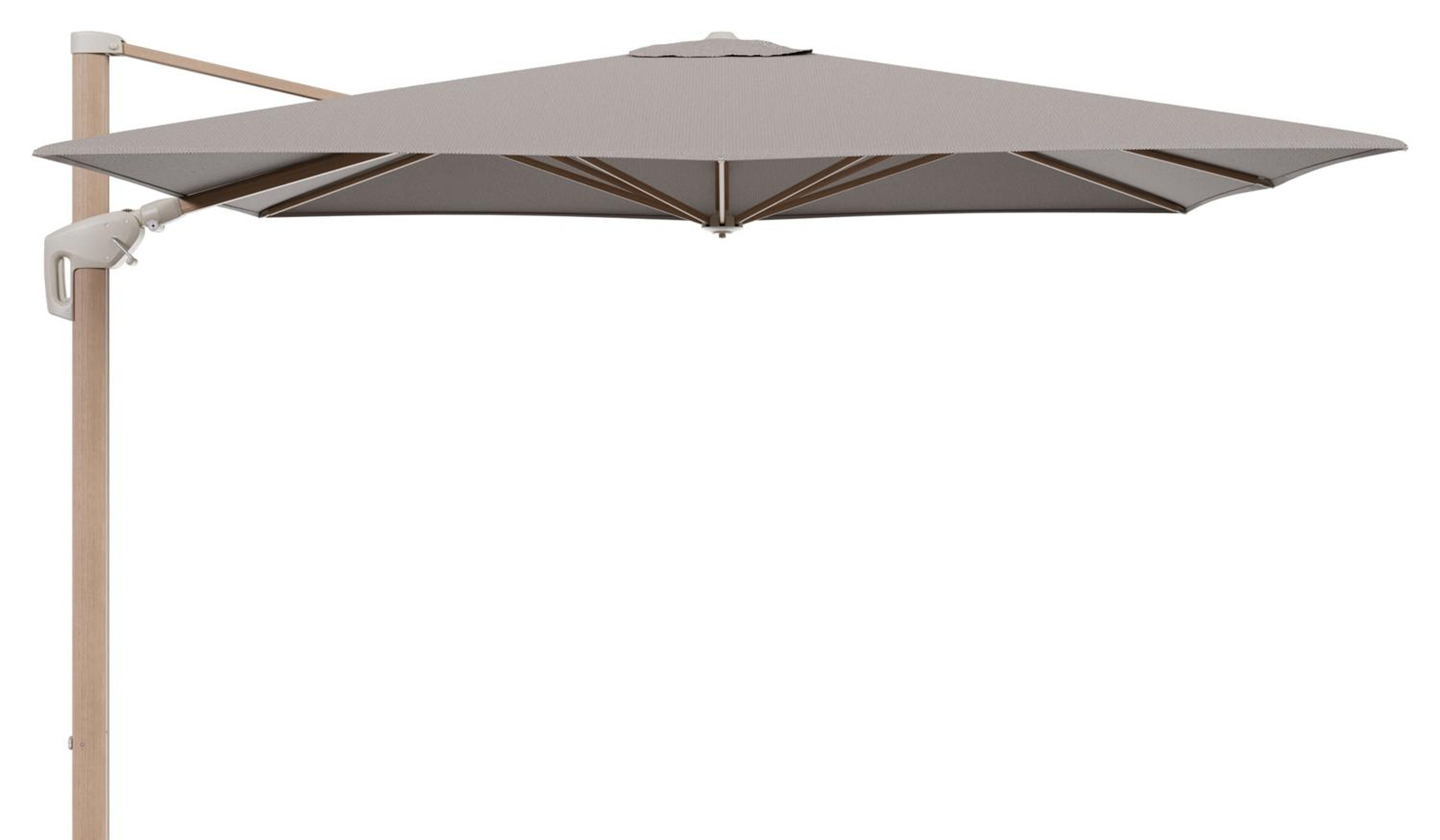 Minore zweefparasol met tiltfunctie in houtlook aluminium en Lopi Pepper All Weather Sunbrella® Luxe parasoldoek - L1 280 x L2 370 cm (zonder voet)