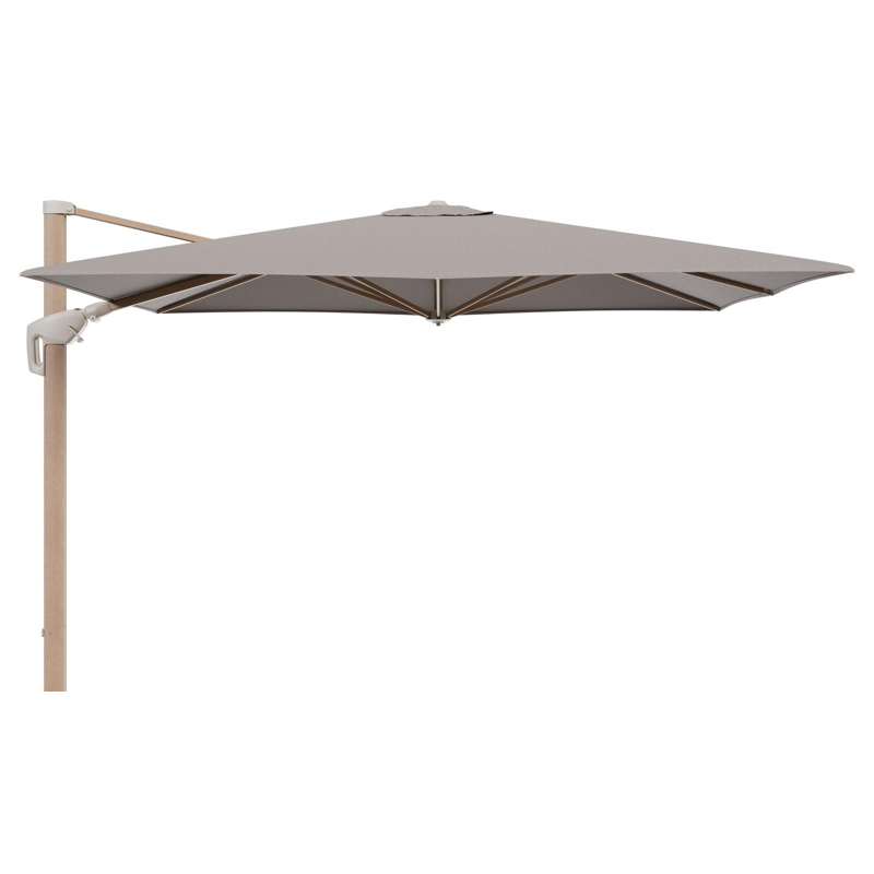 Minore zweefparasol met tiltfunctie in houtlook aluminium en Lopi Pepper All Weather Sunbrella® Luxe parasoldoek - L1 280 x L2 370 cm (zonder voet)