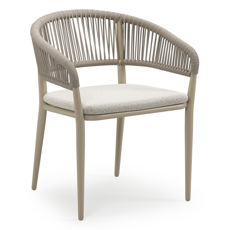 Tolfa stapelbare tuinstoel in beige aluminium en beige verticaal geweven ronde rope met stoelkussen in All Weather Solica Firenze Natural