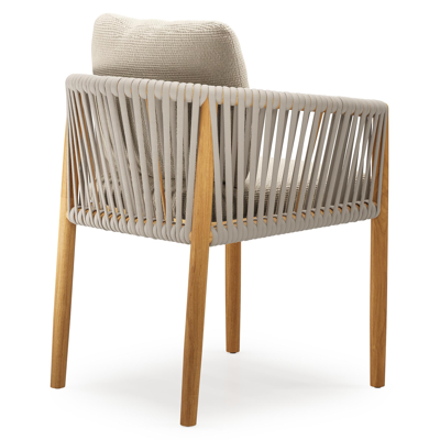 Organo tuinstoel in beige teak en beige verticaal geweven luxe vlakke rope met kussen in All Weather Cosytica Althea Chalk