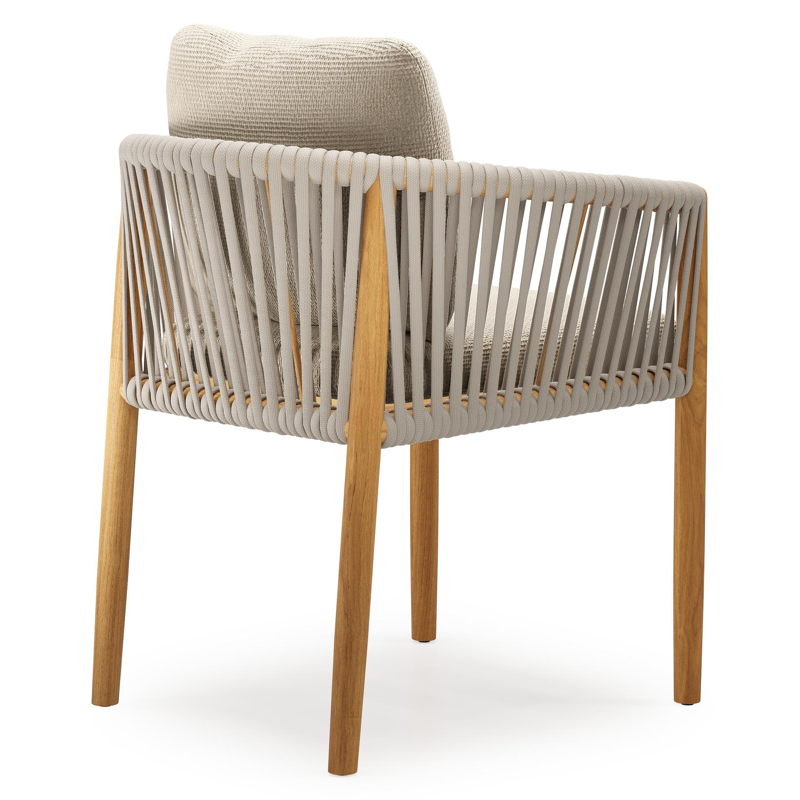 Organo tuinstoel in beige teak en beige verticaal geweven luxe vlakke rope met kussen in All Weather Cosytica Althea Chalk