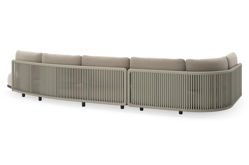 Salon de jardin d'angle Lomano en aluminium noir et corde luxe plate tissée verticalement beige et coussins en all weather cosytica Catania Greige