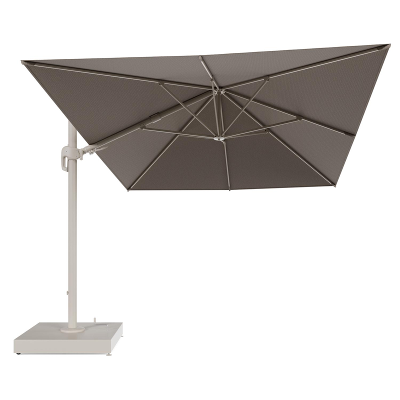 Rufina zweefparasol met tiltfunctie in beige aluminium en Firenze Earth All Weather Solica parasoldoek - L1 400 x L2 300 cm met parasolvoet Minore 260 kg met wielen