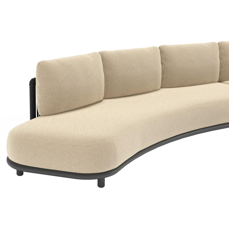 Lomano loungehoek in zwart aluminium en zwart verticaal geweven luxe vlakke rope met althea camel all weather cosytica kussen