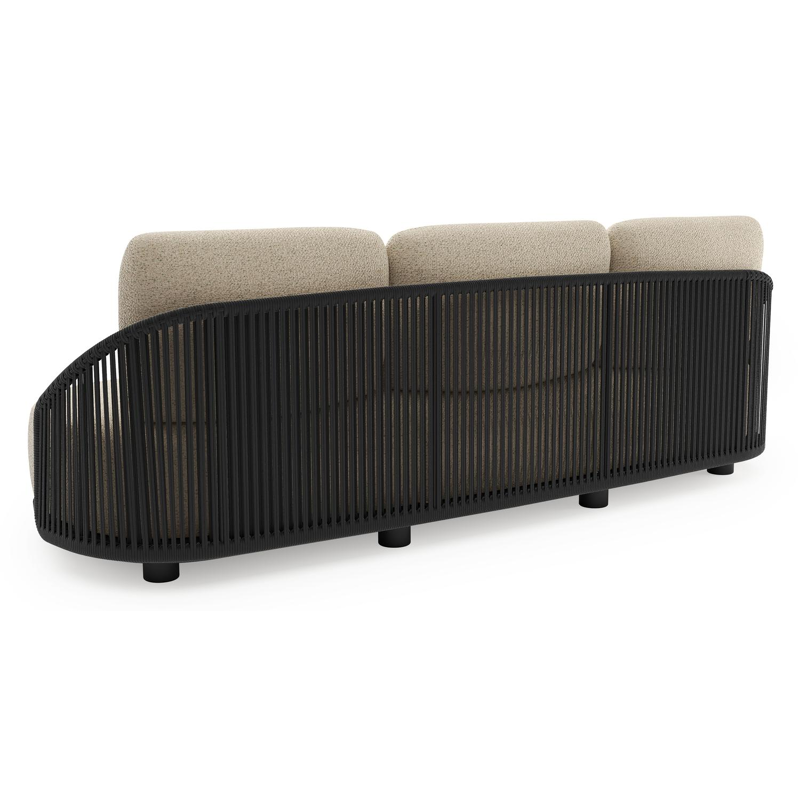 Canapé de jardin Vadelo en aluminium noir et corde ronde tissée verticalement noir et coussins en all weather cosytica bora forest