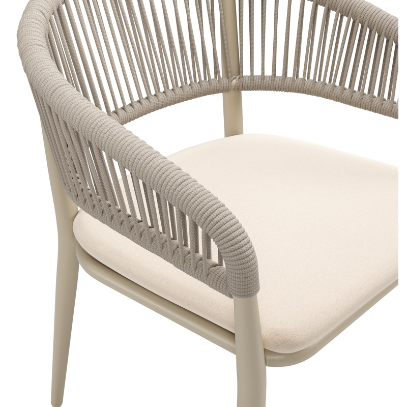 Tolfa stapelbare tuinstoel in beige aluminium en beige verticaal geweven ronde rope met stoelkussen in All Weather Sunbrella® Luxe Natte Linen Chalk
