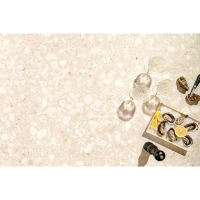 Pagino tuintafel bootvorm in wit aluminium en volkeramiek retrostone - L 255 x B 115 x H 73 cm