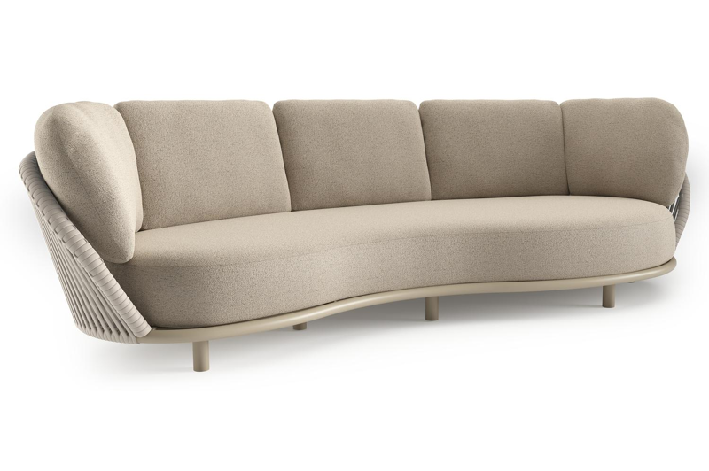 Lupino loungebank in beige aluminium en beige verticaal geweven luxe vlakke brede rope met marbella beige all weather cosytica kussen