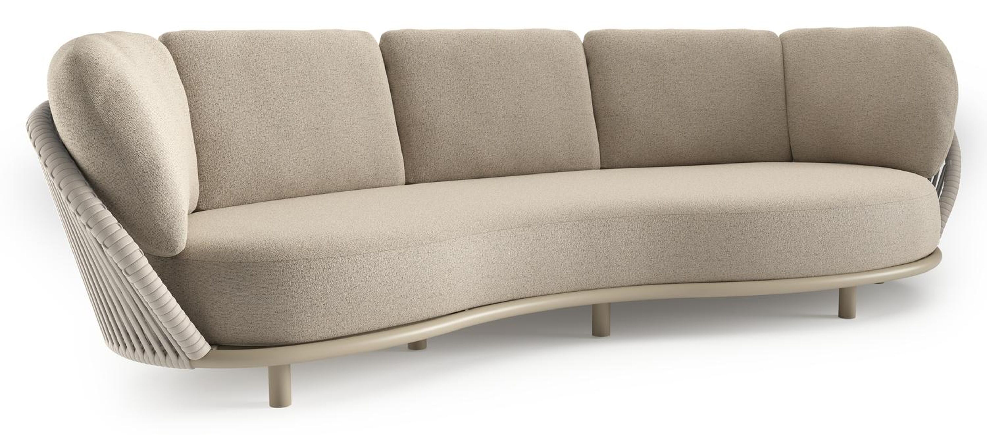 Lupino loungebank in beige aluminium en beige verticaal geweven luxe vlakke brede rope met marbella beige all weather cosytica kussen