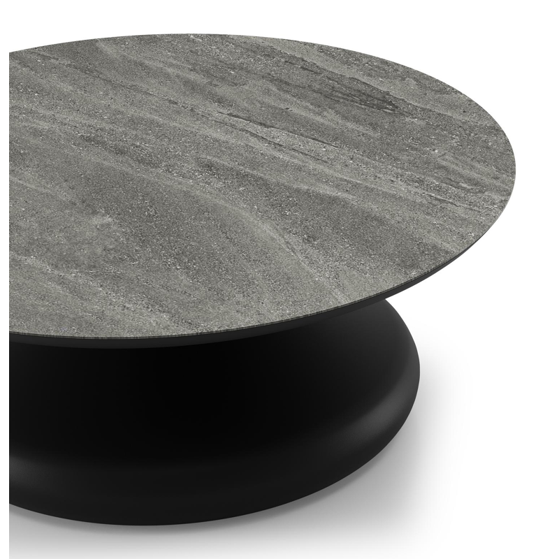 Bomero loungetafel rond in zwart aluminium en volkeramiek Aspen Grey - Dia. 84 x H 32.2 cm