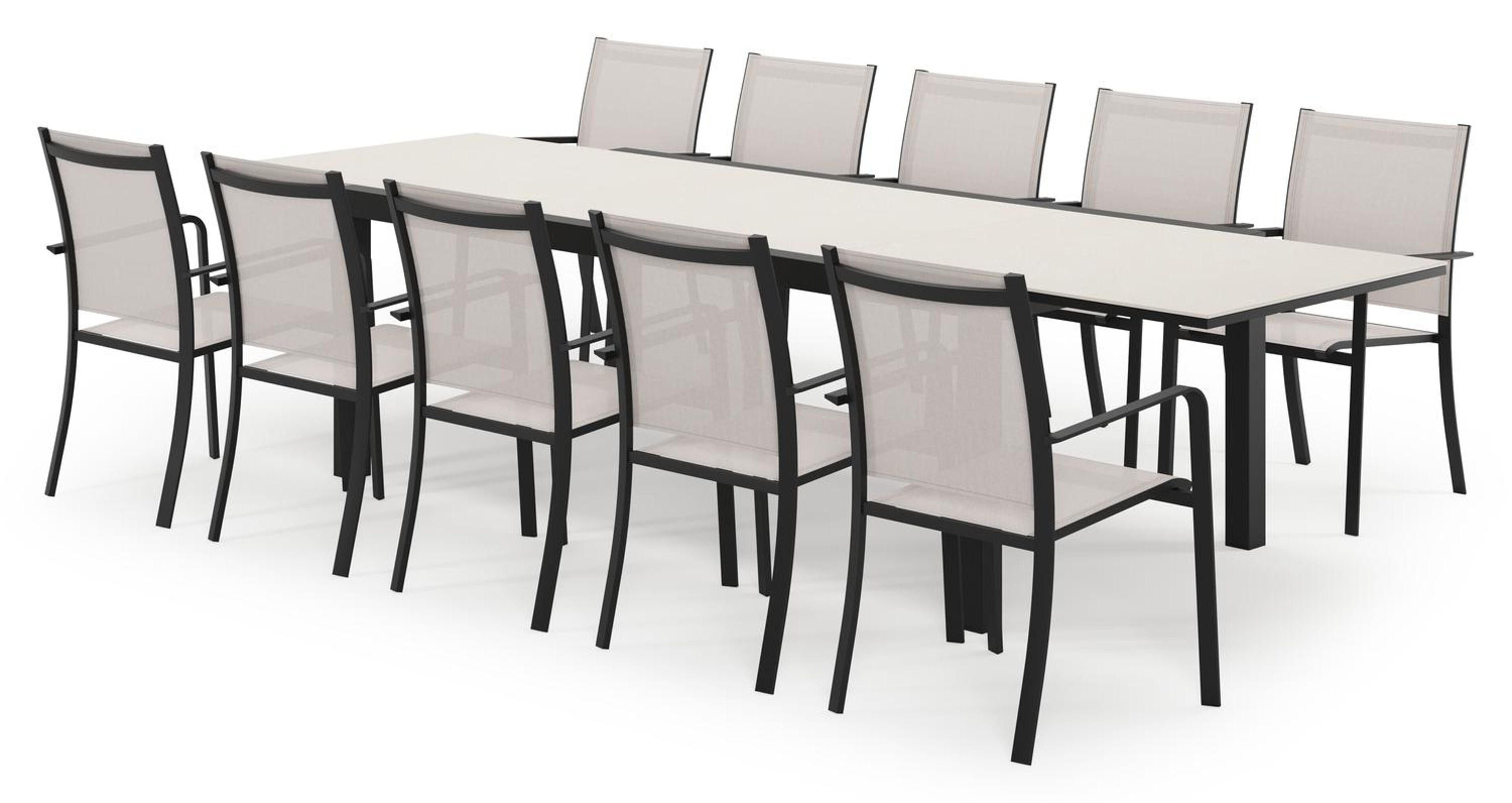 Calobra rechthoekige uitschuifbare tuinset in zwart aluminium en sintered stone crema minerale met 10 Calobra tuinstoelen
